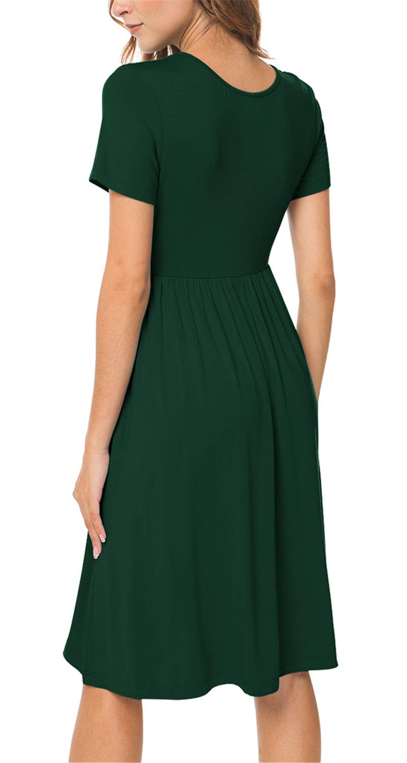 DB MOON Women Summer Casual Short Sleeve Dresses Empire Waist Knee Length Dress with Pockets (Dark Green, S) - Image 2